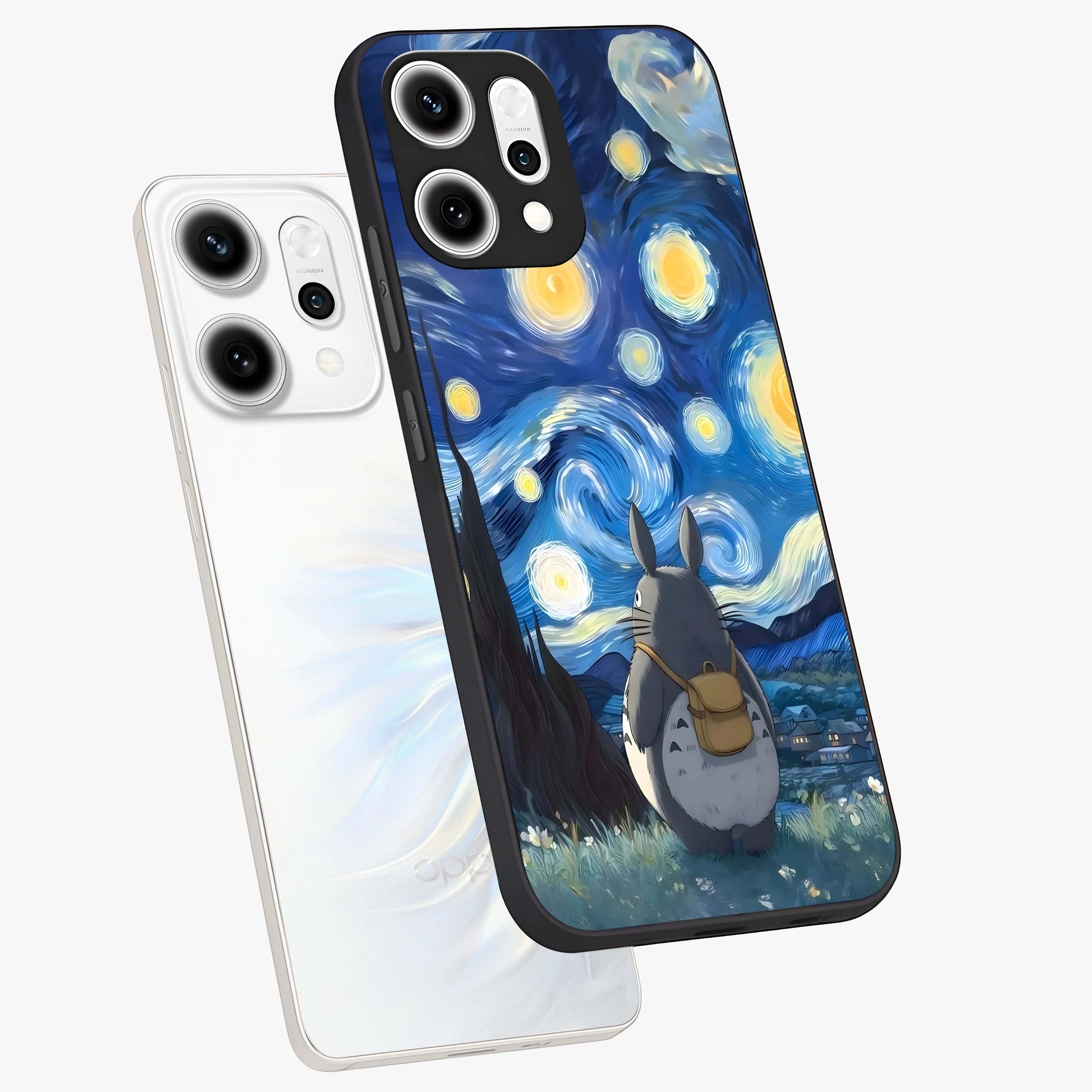 Totoro In Van Gogh Art Glass Case displayed in angled mockup highlighting artistic swirling sky design with playful animation aesthetic.