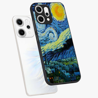 Van Gogh Art Glass Case displayed in angled mockup highlighting swirling brushstroke design with artistic aesthetic.