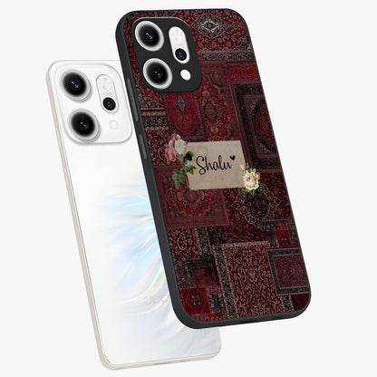 Velvet Wine Pattern Custom Name Glass Case displayed in angled mockup highlighting decorative velvet inspired design with custom name feature.
