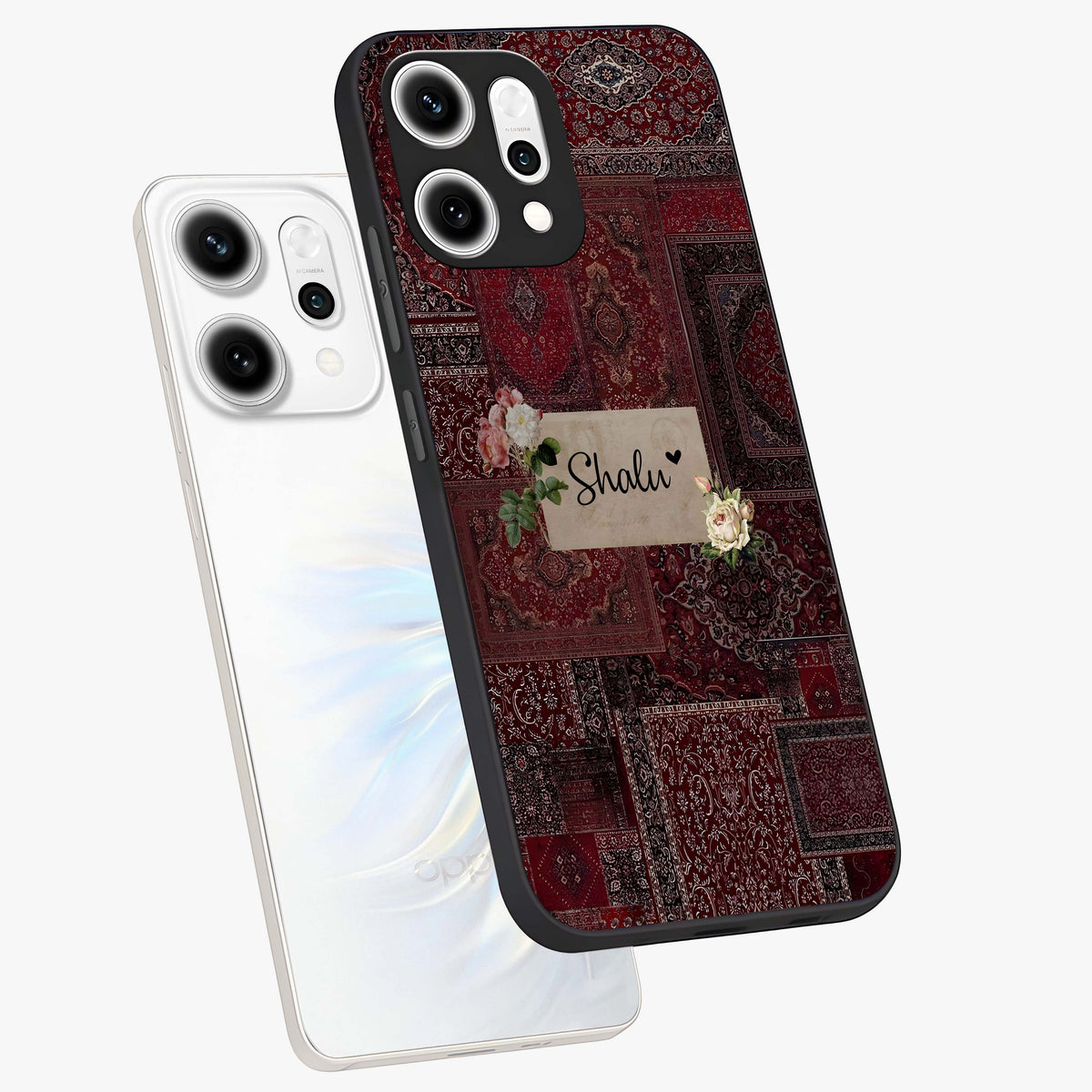 Velvet Wine Pattern Custom Name Glass Case displayed in angled mockup highlighting decorative velvet inspired design with custom name feature.