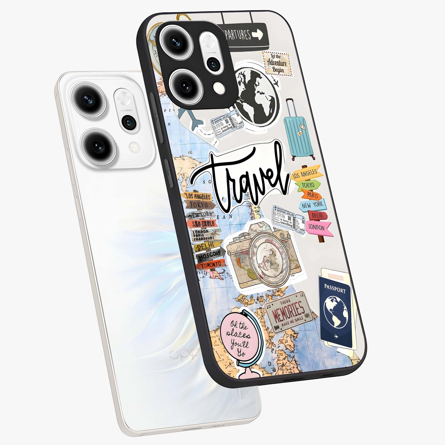 Wanderlust Journal Glass Case displayed in angled mockup highlighting adventure themed design with aesthetic travel vibe.