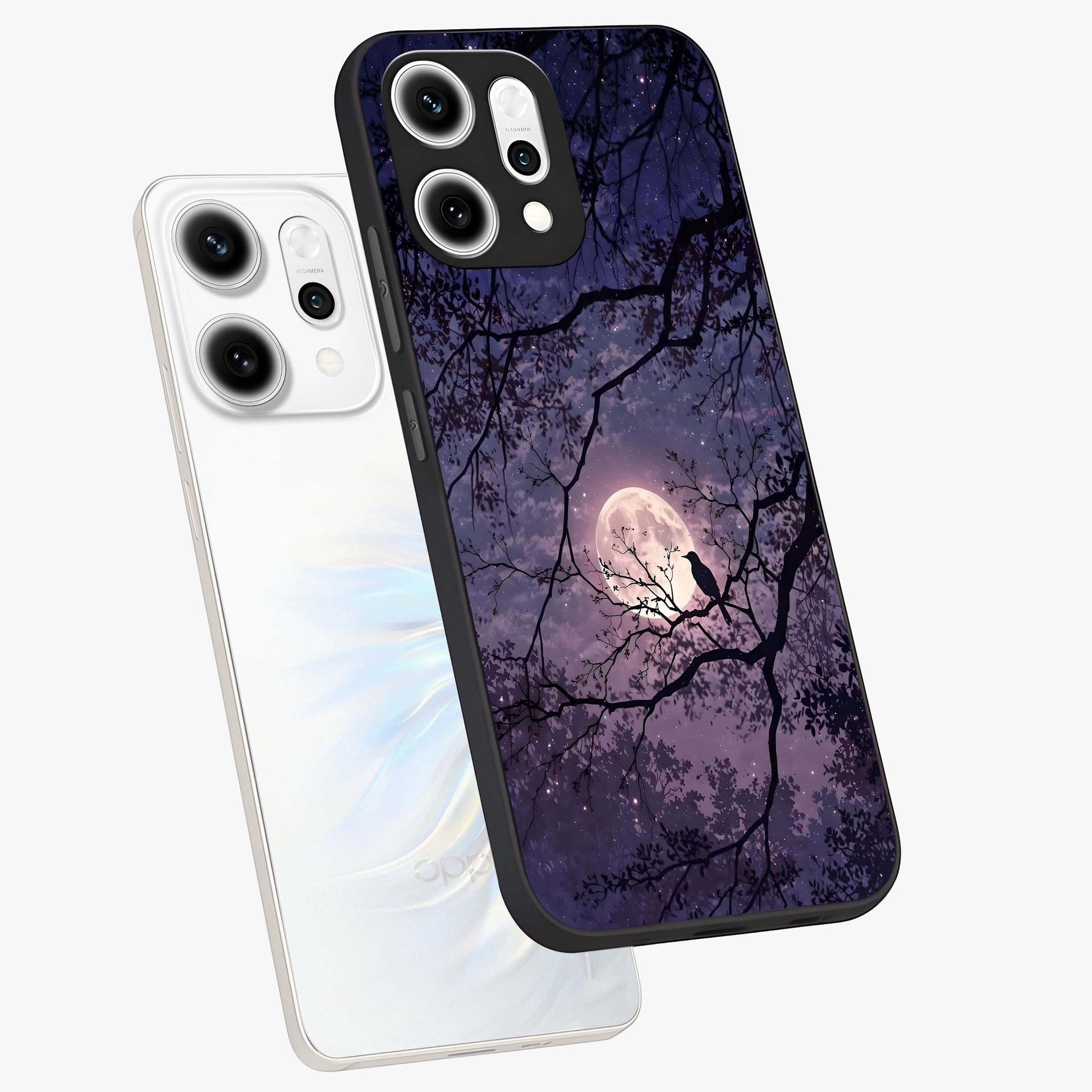Whispering Moon Silence Glass Case displayed in angled mockup highlighting calm lunar design with dreamy night aesthetic.