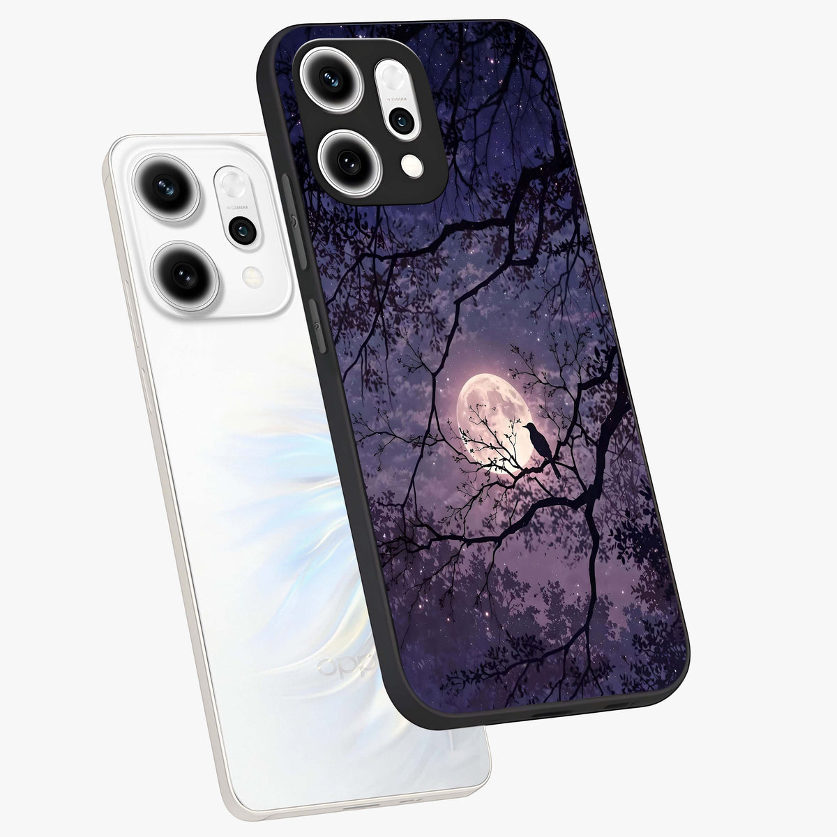 Whispering Moon Silence Glass Case displayed in angled mockup highlighting calm lunar design with dreamy night aesthetic.