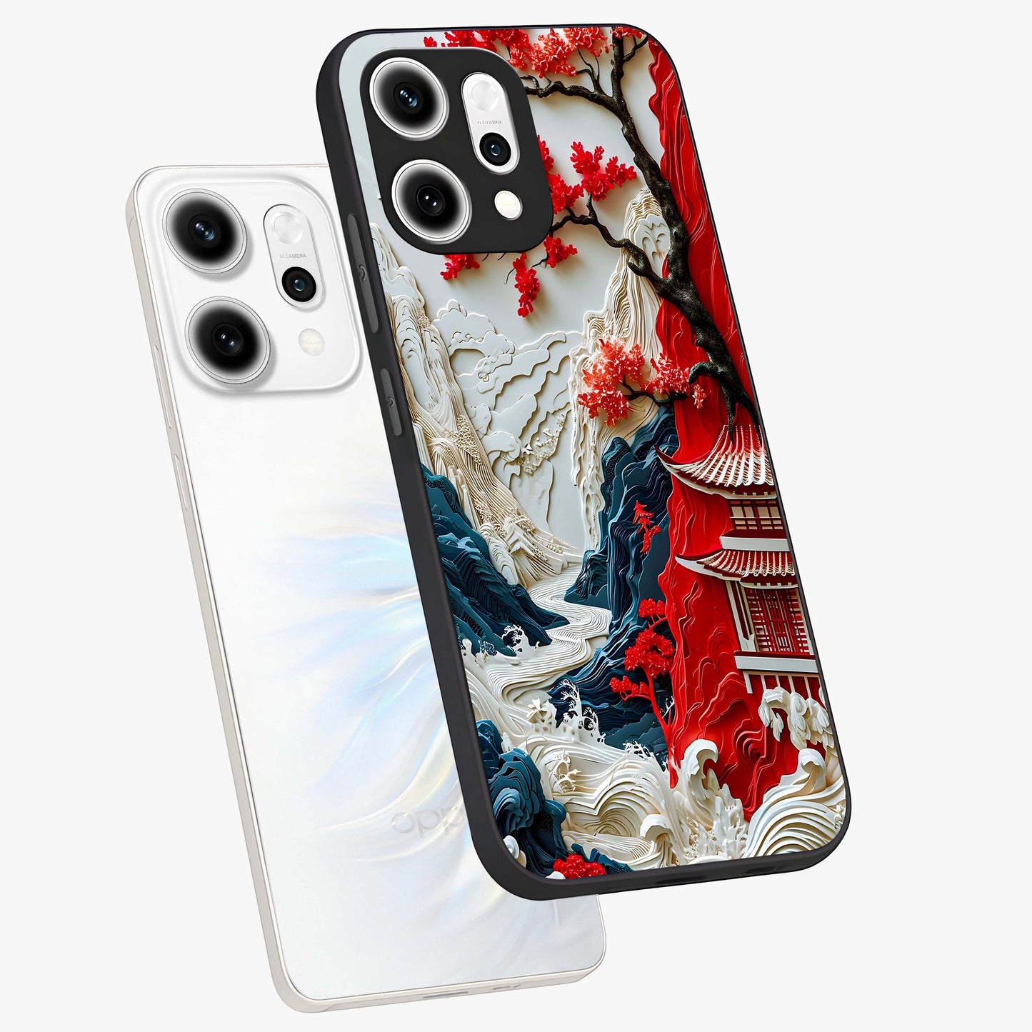 Whispers Of Sakura Waves Glass Case displayed in angled mockup highlighting flowing sakura design with soft floral aesthetic.