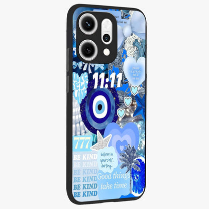 Aesthetic Be Kind Eye Glass Case upright view showcasing stylish eye illustration with positive message theme.