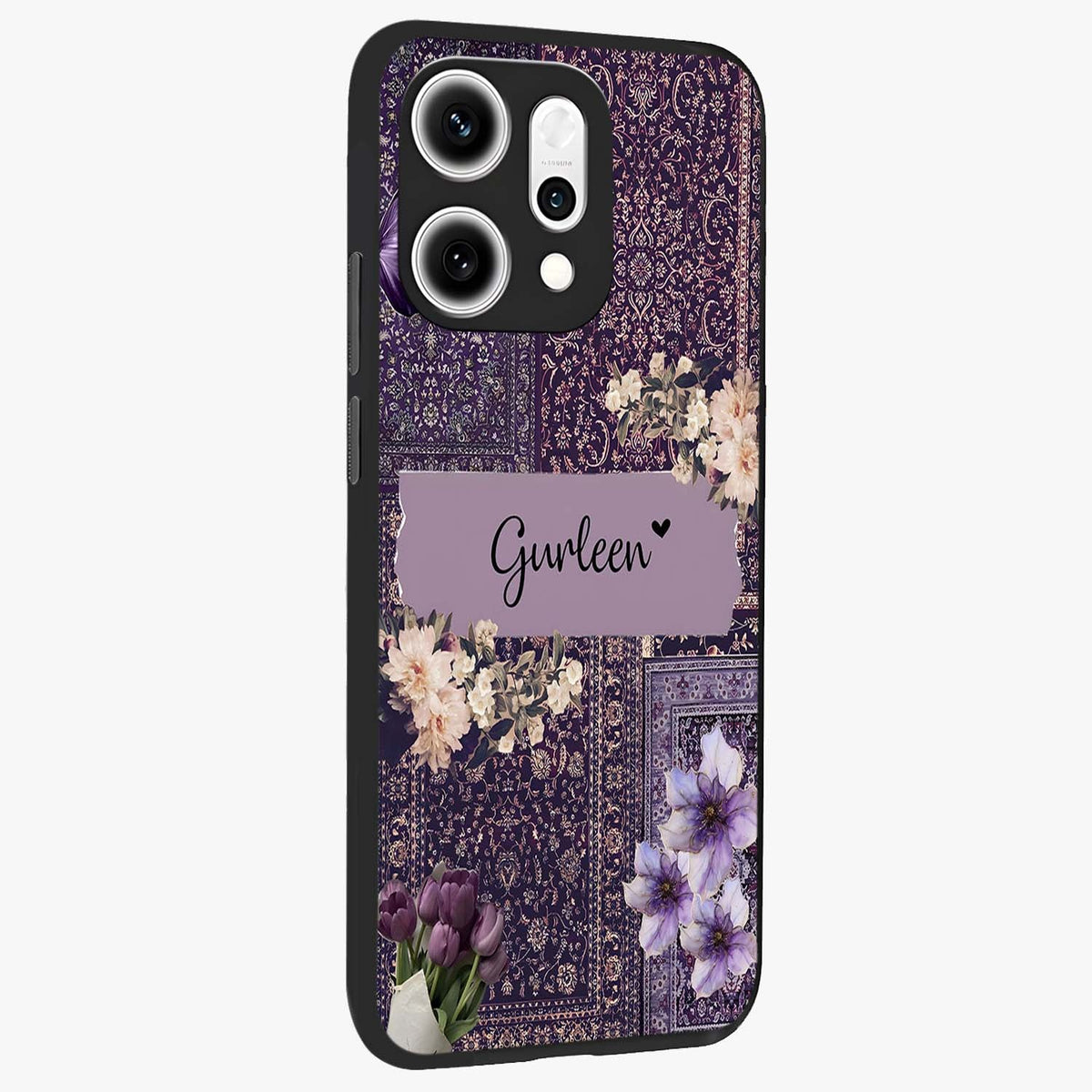 Antique Floral Whisper Custom Name Glass Case upright view showcasing delicate floral artwork with custom name feature.