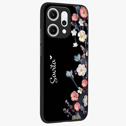 Black Elegance Floral Custom Name Glass Case upright view showcasing luxurious black floral design with personalized name detail.