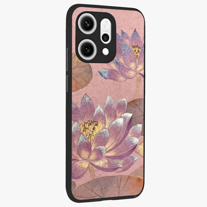 Blossom Mist Lotus Glass Case upright view showcasing graceful lotus flower design with peaceful botanical style.