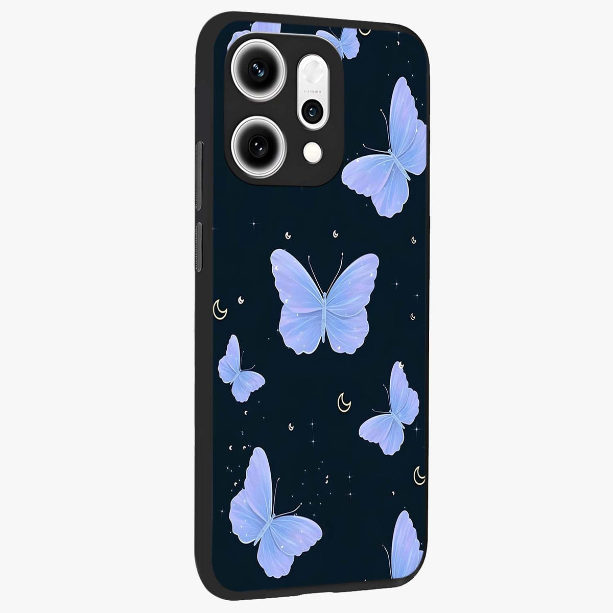 Butterfly With Stars Pattern Glass Case upright view showcasing celestial butterfly artwork with sparkling star elements.