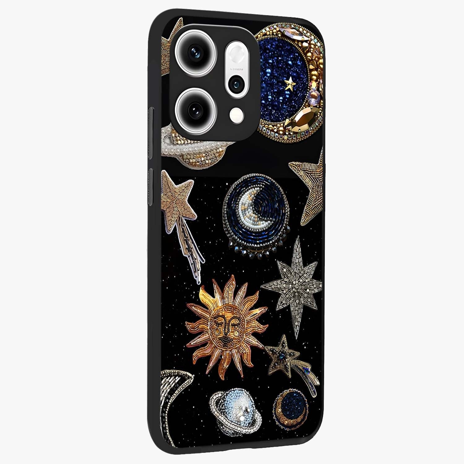 Celestial Gem Constellations Glass Case upright view showcasing cosmic constellation artwork with celestial aesthetic style.