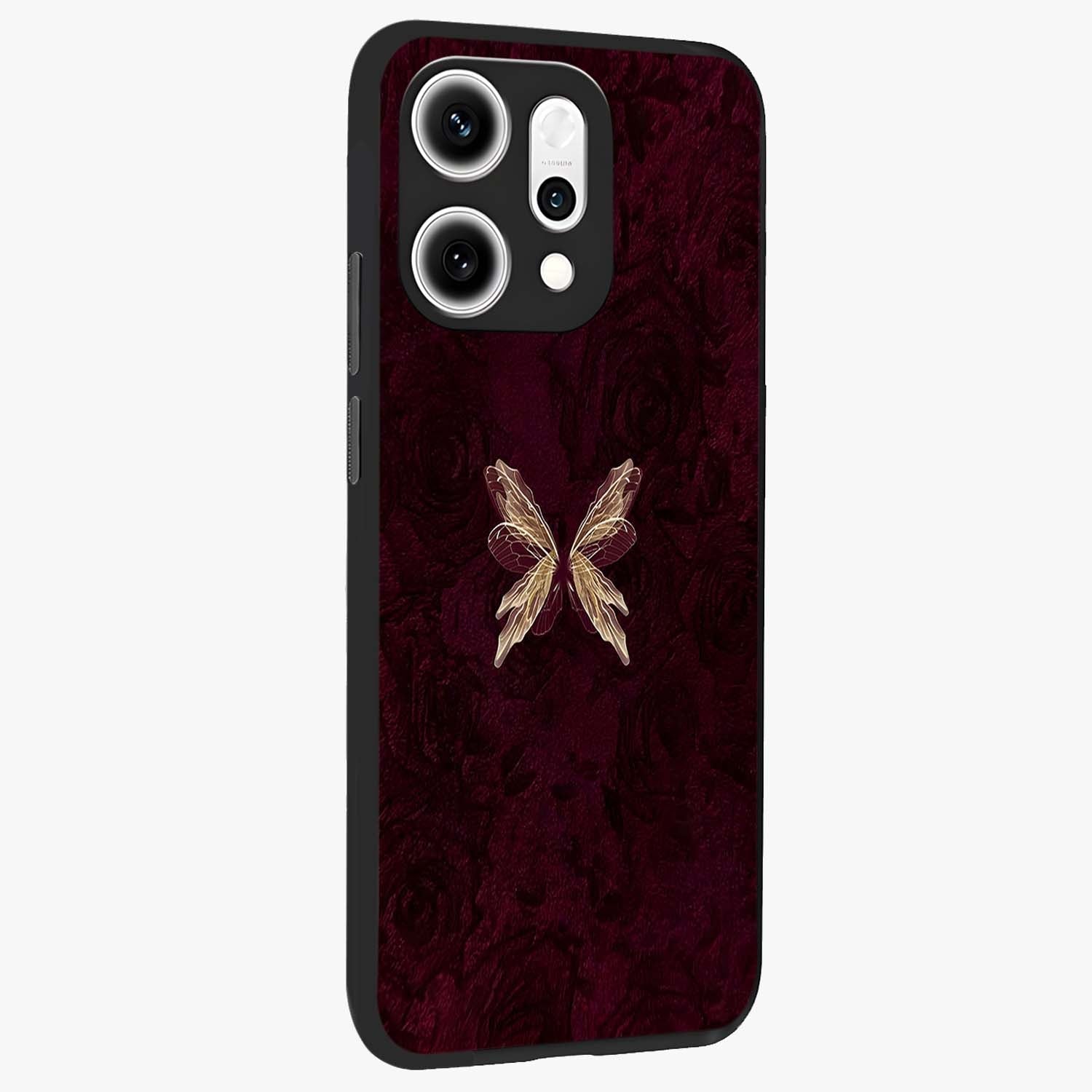 Crimson Fade Butterfly Glass Case upright view showcasing graceful butterfly artwork with soft crimson fade effect.