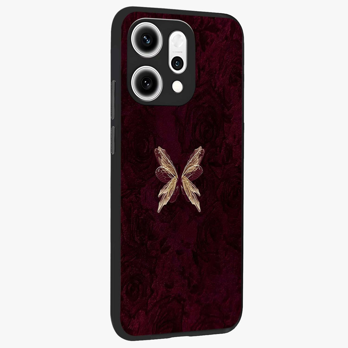 Crimson Fade Butterfly Glass Case upright view showcasing graceful butterfly artwork with soft crimson fade effect.