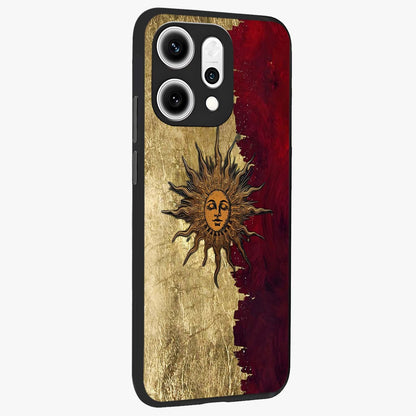 Crimson Sun Majesty Glass Case upright view showcasing vibrant sun artwork with powerful celestial theme.