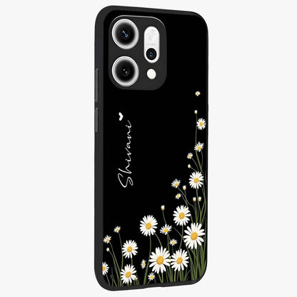 Daisy Cascade Custom Name Glass Case upright view showcasing elegant floral cascade design with personalized aesthetic.
