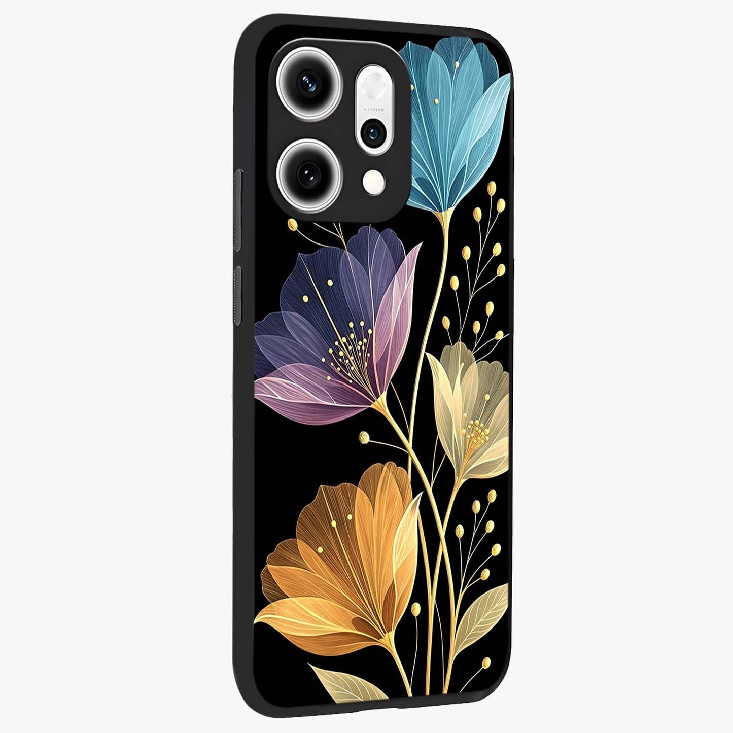 Delicate Multicolor Flowers Glass Case upright view showcasing delicate floral artwork with bright botanical theme.