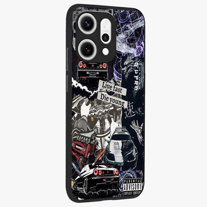 Die Young Glass Case upright view showcasing striking typography artwork with modern statement theme.