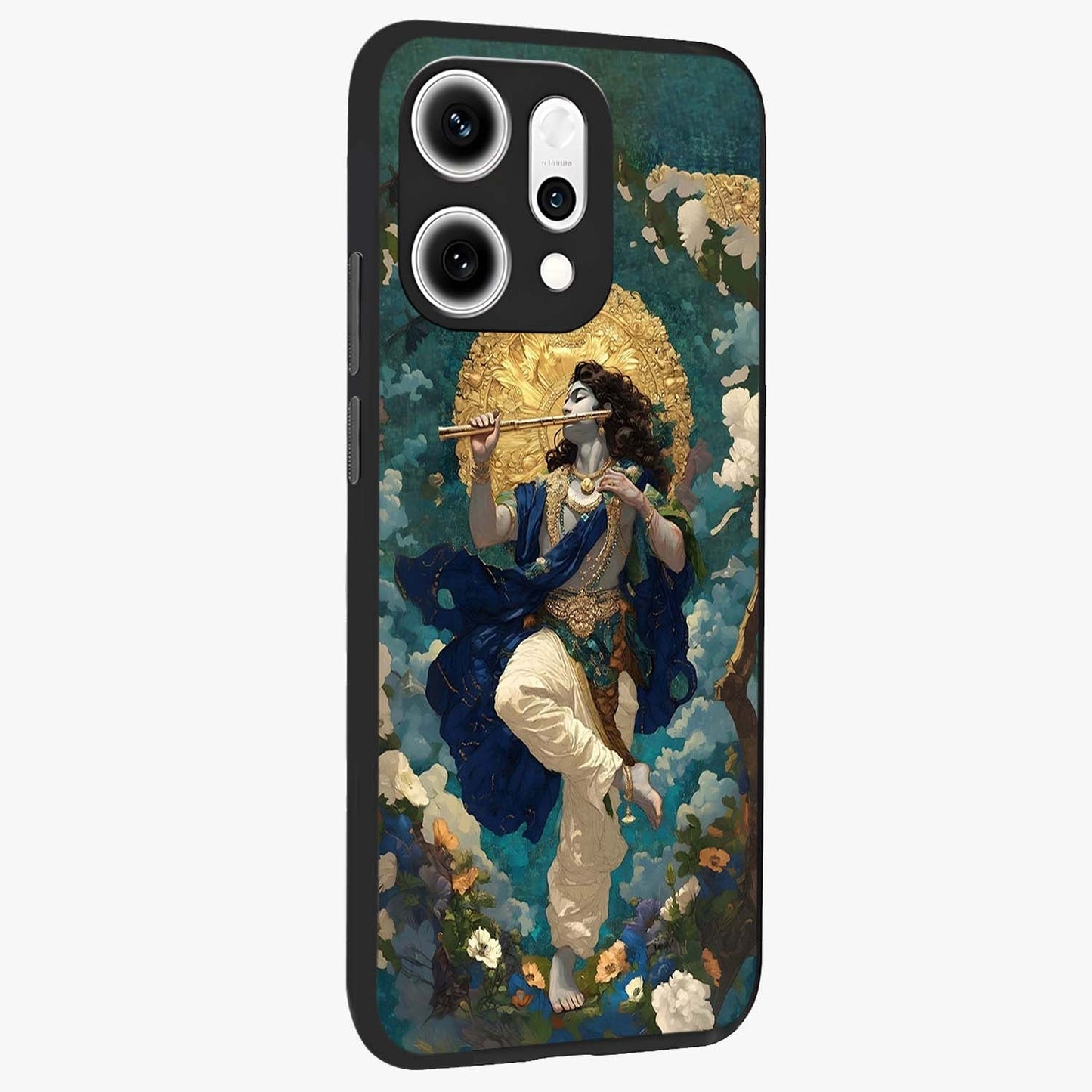 Divine Krishna Art Glass Case upright view showcasing divine Krishna artwork with sacred artistic theme.