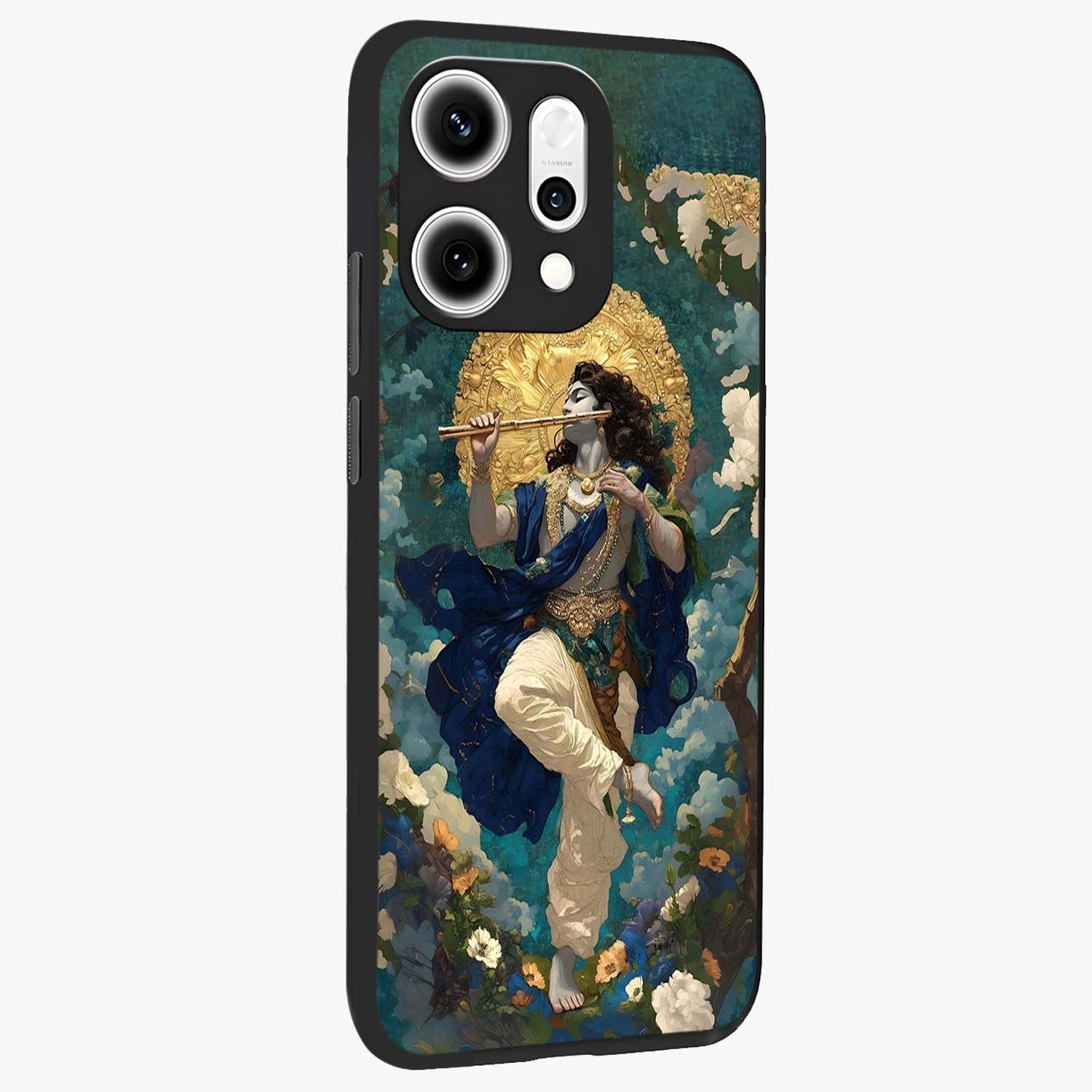 Divine Krishna Art Glass Case upright view showcasing divine Krishna artwork with sacred artistic theme.