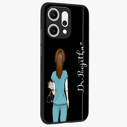 Doctor Pattern Custom Name Glass Case upright view showcasing healthcare themed design with personalized aesthetic.