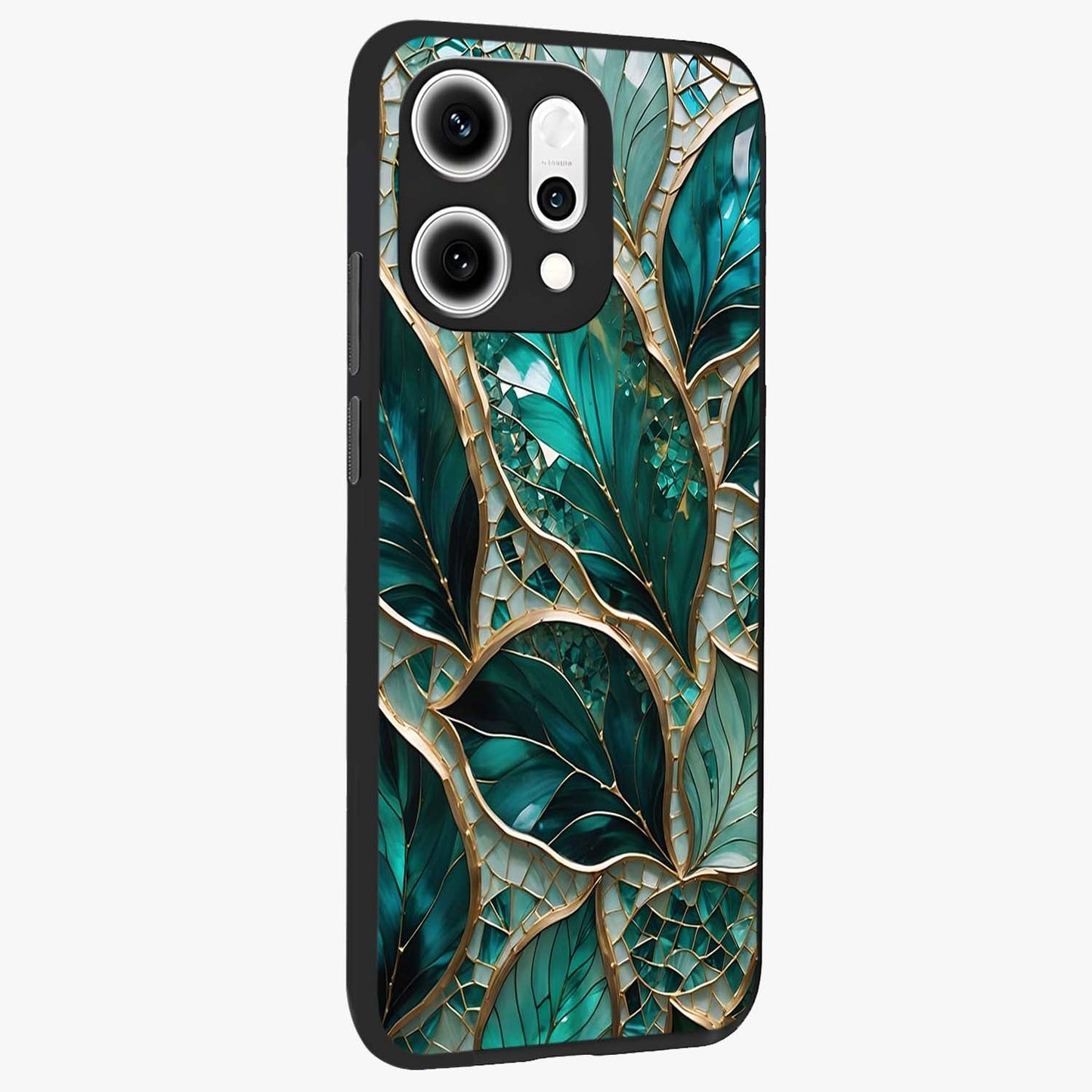 Emerald Leaf Glass Glass Case upright view showcasing fresh green leaf artwork with calming nature inspired style.