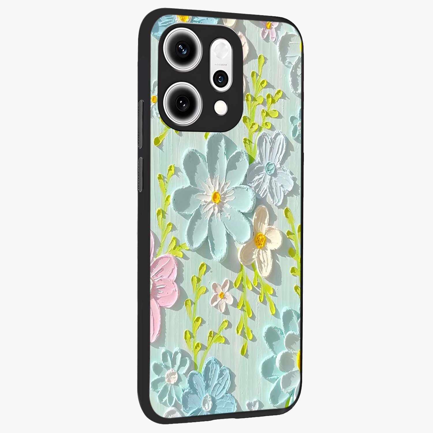 Frosted Petal Garden Glass Case upright view showcasing elegant floral garden artwork with soothing pastel theme.