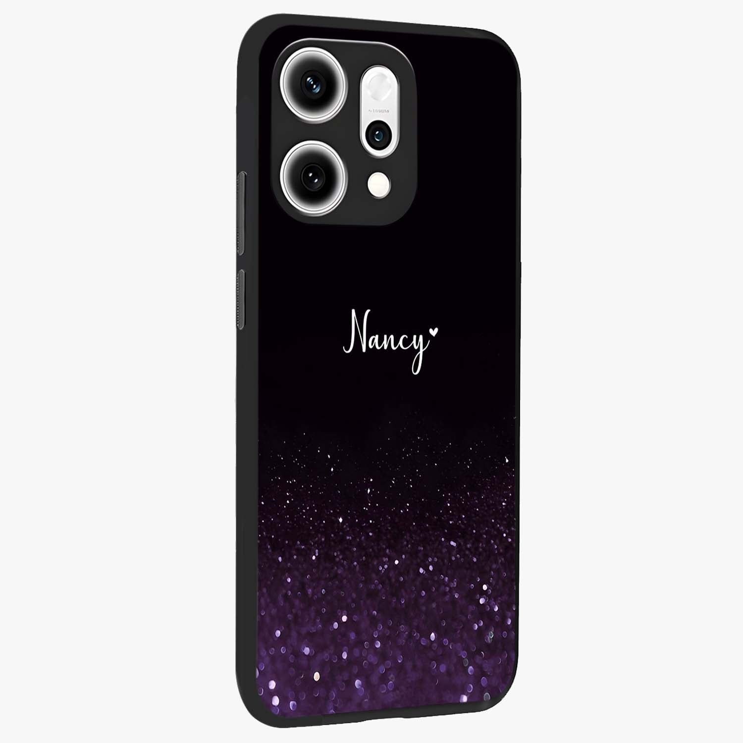 Glittery Purple Bokeh Custom Name Glass Case upright view showcasing vibrant purple sparkle artwork with personalized aesthetic style.