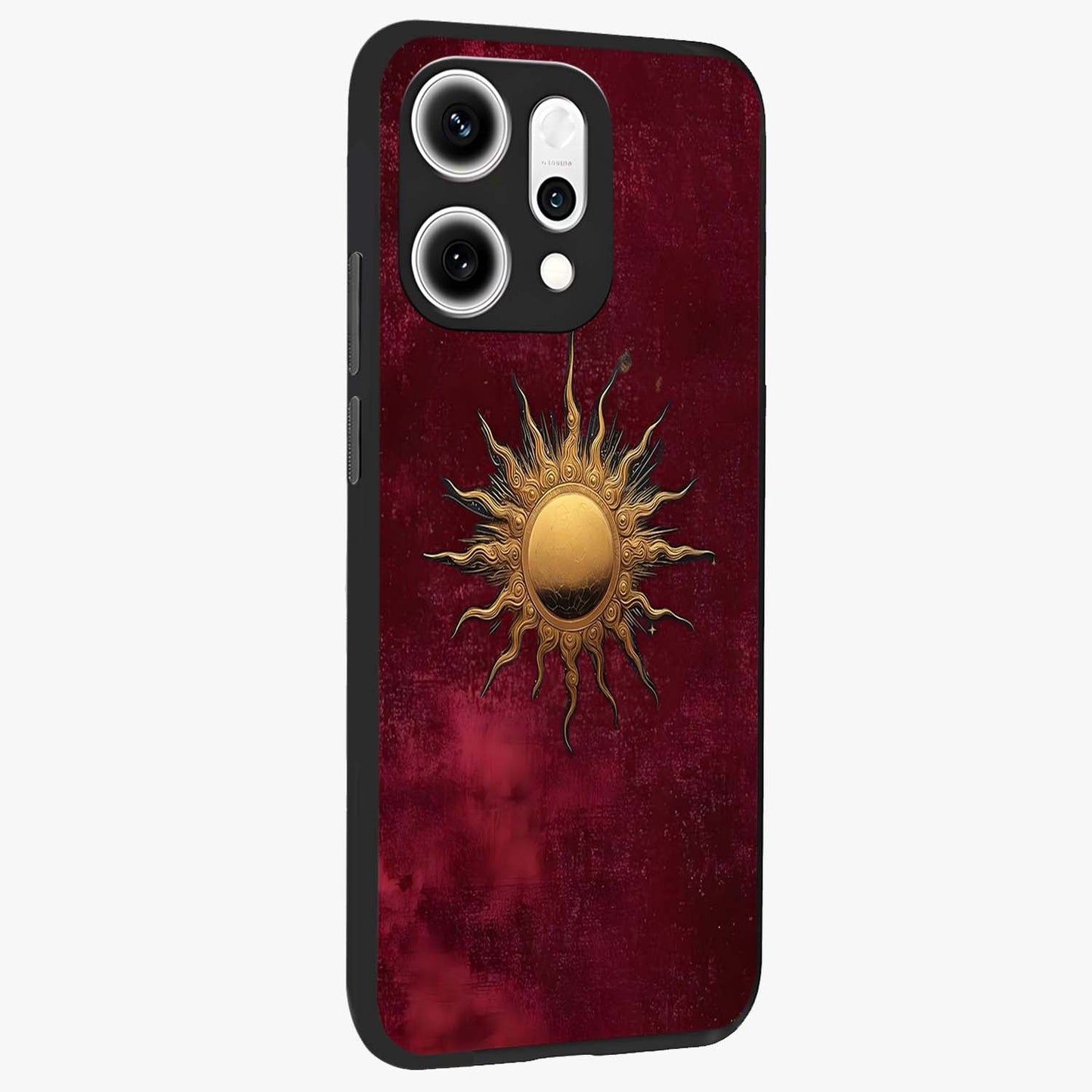 Golden Sun Minimalism Glass Case upright view showcasing simple golden sun artwork with elegant minimalist style.