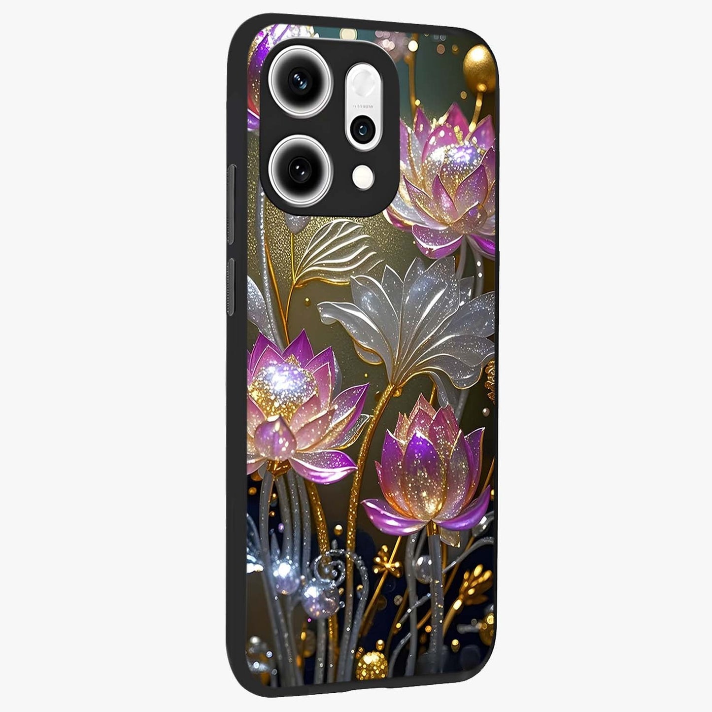 Golden Floral Majesty Glass Case upright view showcasing majestic floral artwork with rich decorative theme.