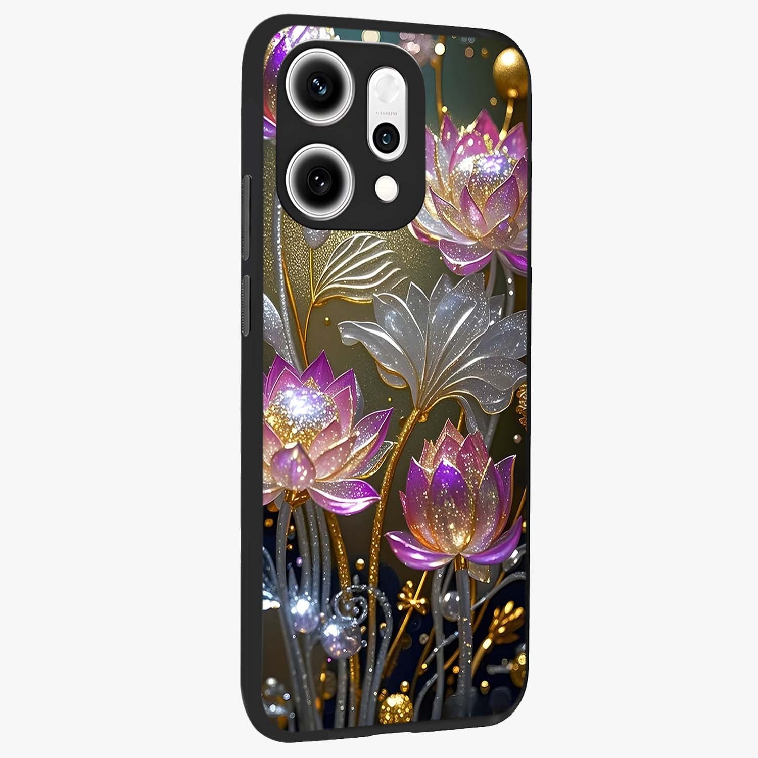 Golden Floral Majesty Glass Case upright view showcasing majestic floral artwork with rich decorative theme.