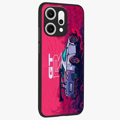 GT-R Car Pattern Glass Case upright view showcasing dynamic car pattern artwork with modern sports theme.