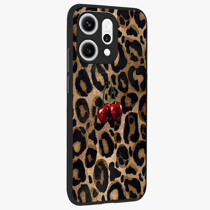 Leopard Wild Cherry Glass Case upright view showcasing stylish leopard pattern artwork with trendy fashion theme.
