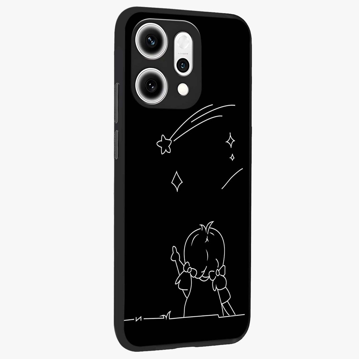 Line Art Girl With Shooting Stars Glass Case upright view showcasing delicate shooting stars artwork with minimal artistic theme.