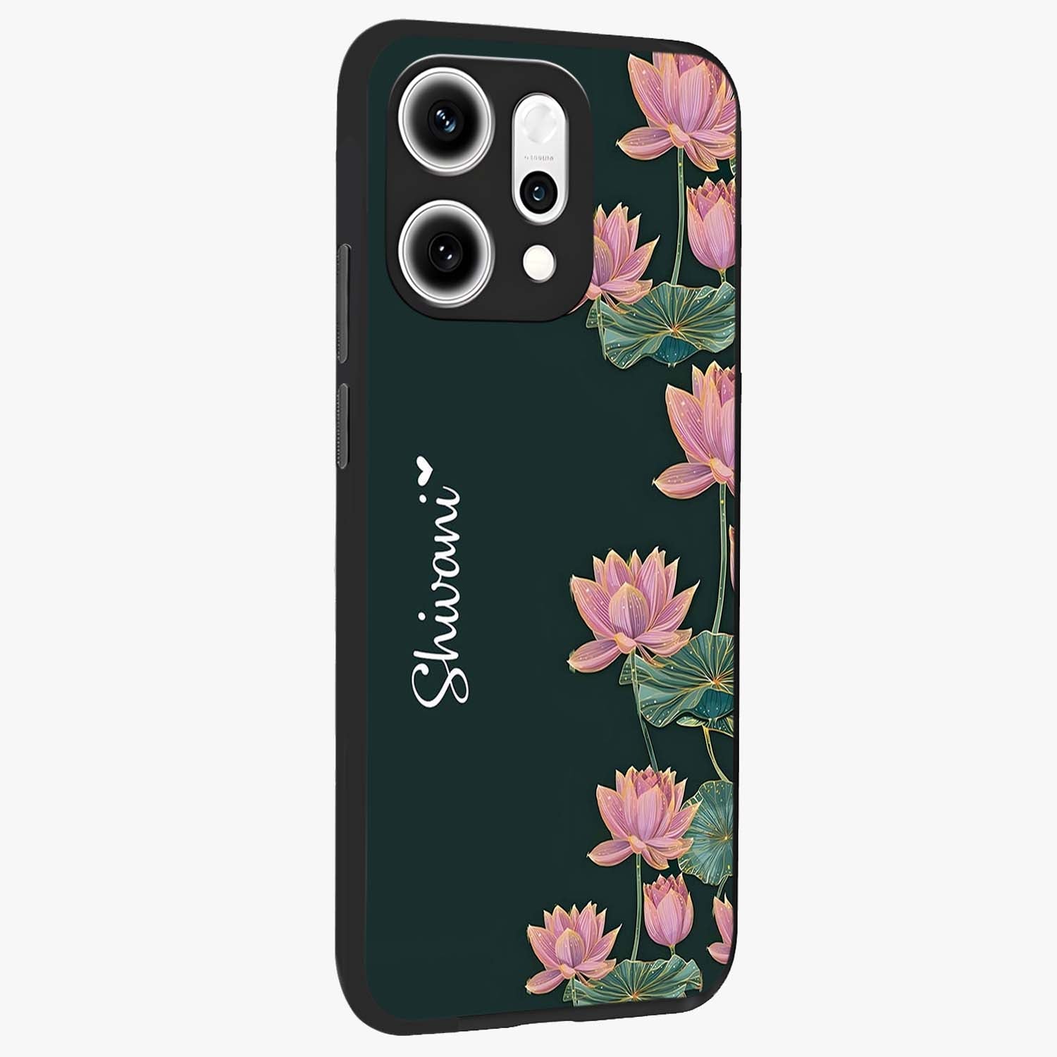 Lotus Bloom Serenity Custom Name Glass Case upright view showcasing serene lotus bloom artwork with personalized floral aesthetic.