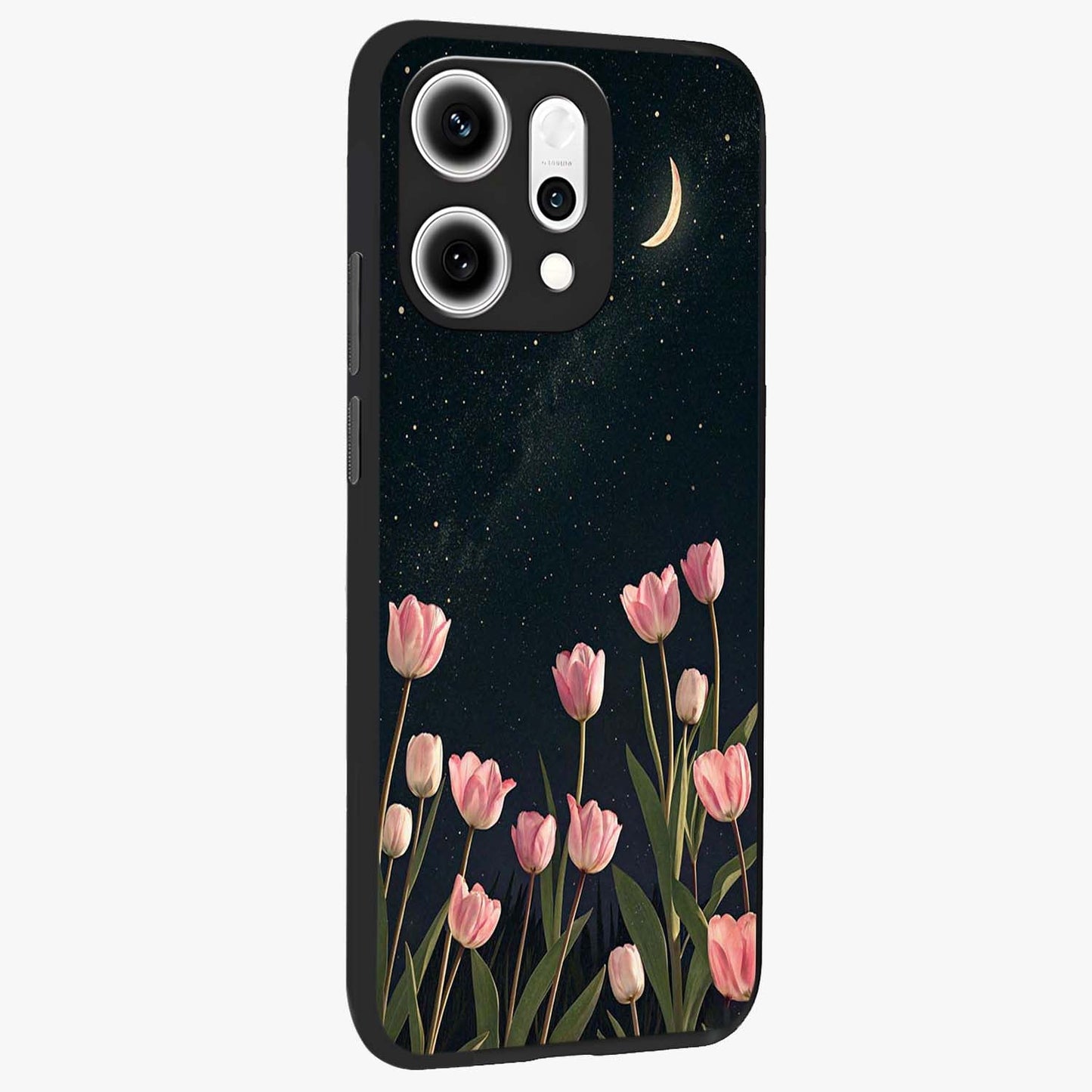 Midnight Tulip Whispers Vibe Glass Case upright view showcasing graceful tulip artwork with calm botanical theme.