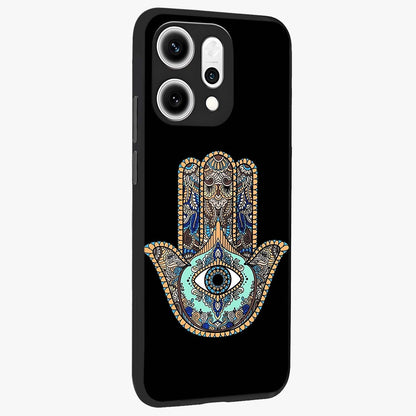 Mystic Hamsa Eye Glass Case upright view showcasing detailed hamsa eye artwork with protective spiritual theme.