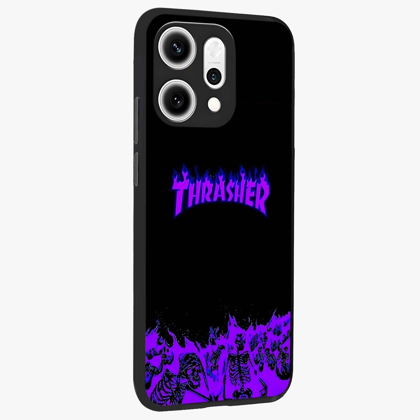 Neon Flame Riot Glass Case upright view showcasing dynamic flame artwork with energetic neon theme.
