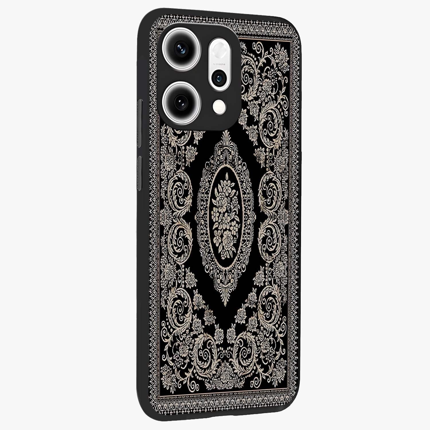 Noir Bloom Elegance Glass Case upright view showcasing graceful floral artwork with luxurious dark theme.