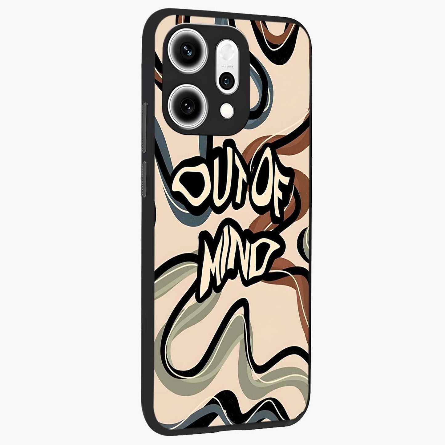 Out Of Mind Glass Case upright view showcasing striking typography artwork with edgy conceptual theme.