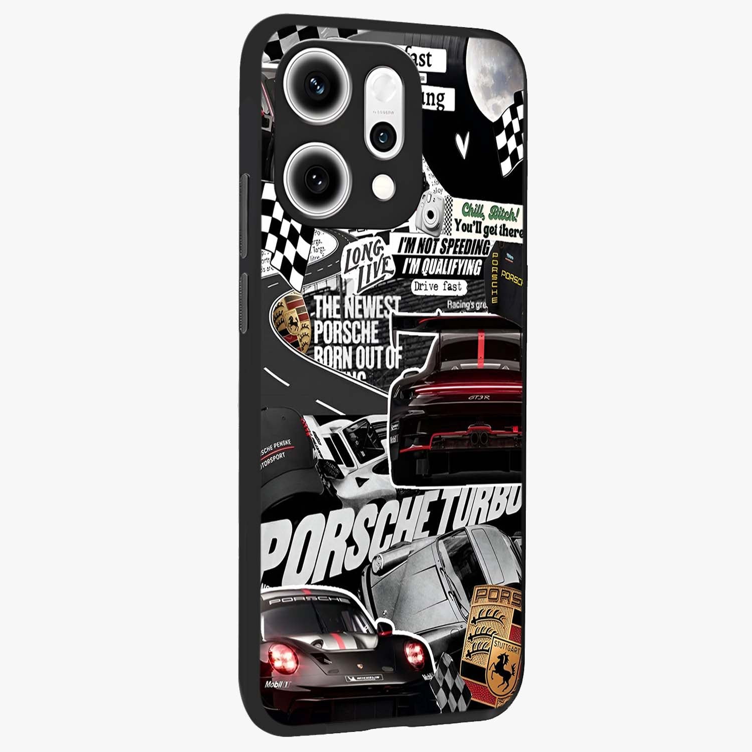Porsche Racing Collage Glass Case upright view showcasing energetic car collage artwork with high speed racing theme.