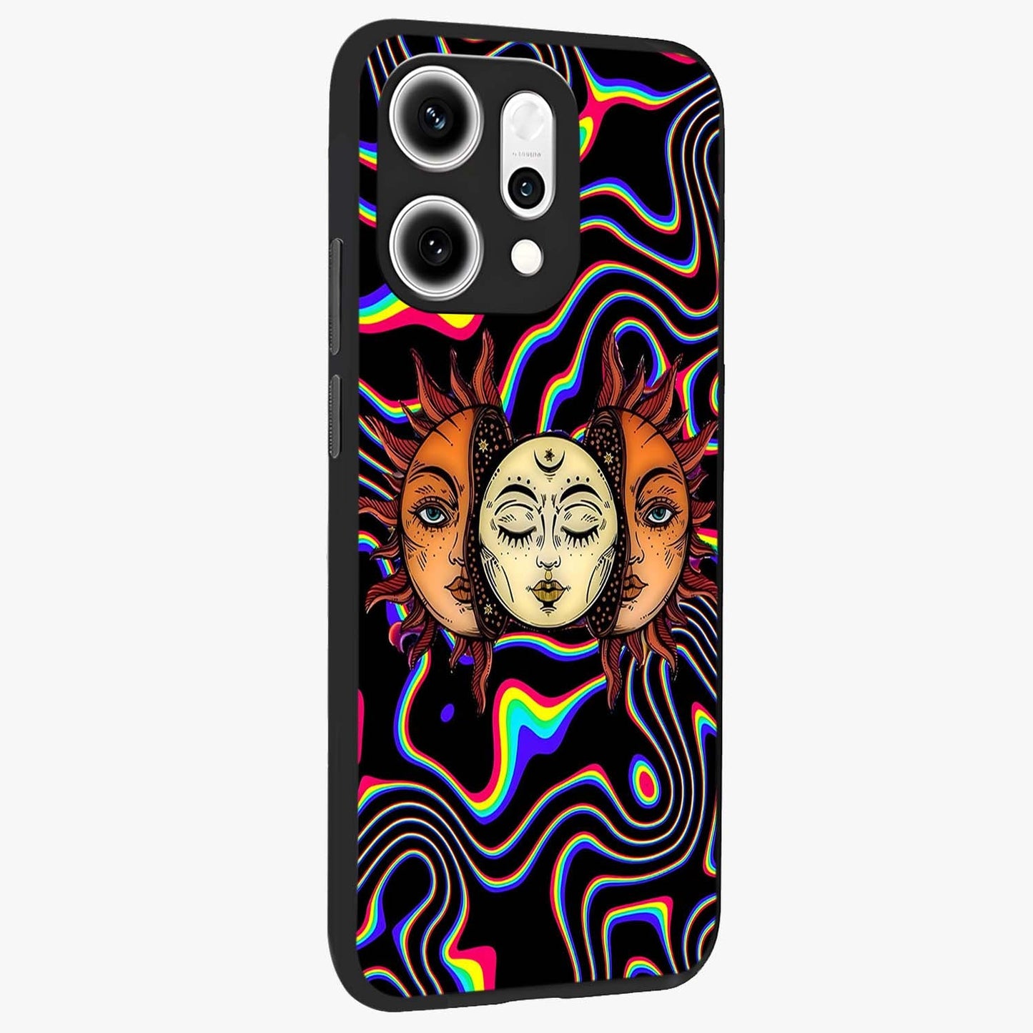 Psychedelic Sun Glass Case upright view showcasing trippy sun artwork with bold psychedelic theme.