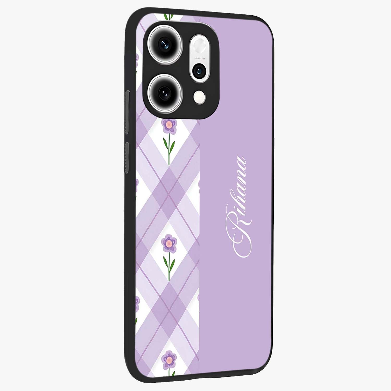 Purple Diamond Floral Glass Case upright view showcasing vibrant floral artwork with stylish geometric theme.