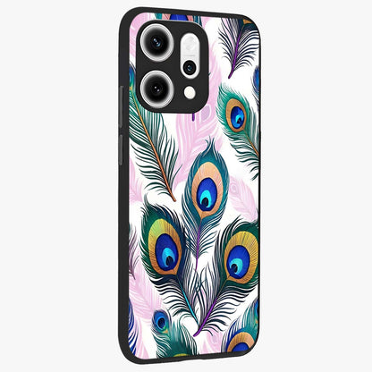 Royal Peacock Feathers Glass Case upright view showcasing elegant peacock feather artwork with decorative royal theme.