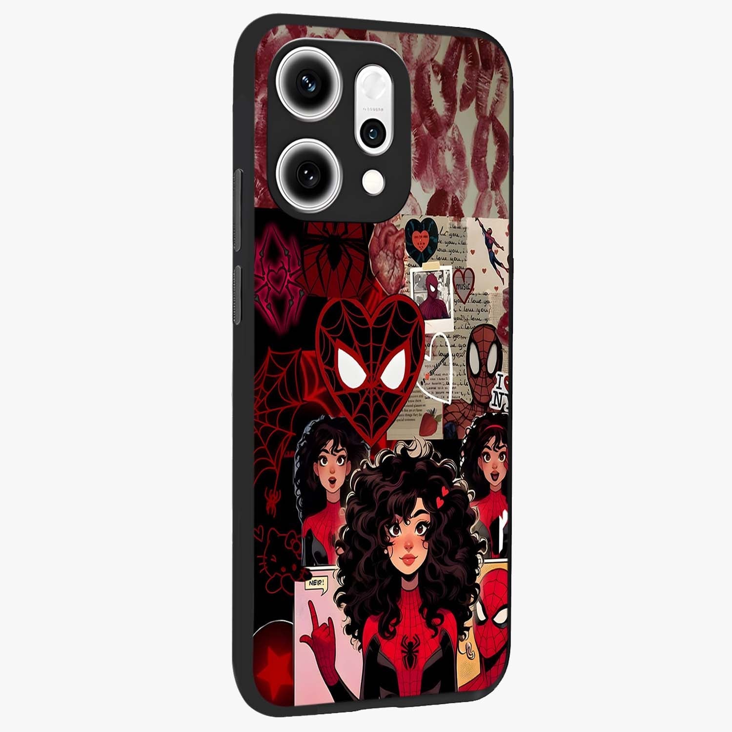 Spider Love Story Glass Case upright view showcasing charming superhero artwork with romantic comic theme.