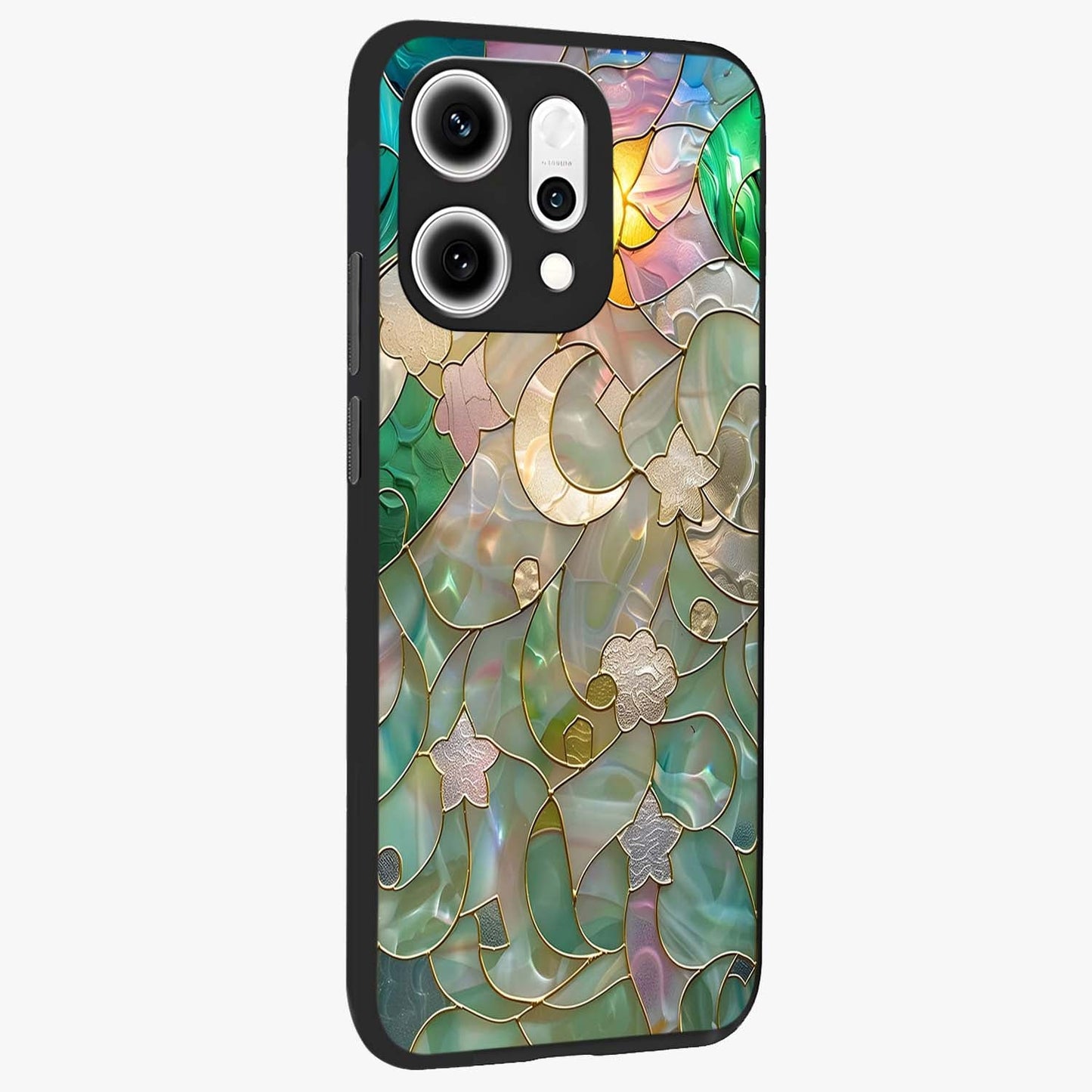 Stained Sunrise Glow Glass Case upright view showcasing colorful sunrise artwork with warm morning theme.
