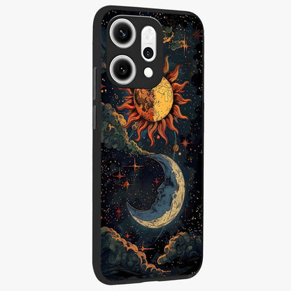 Sun And Moon Magic Design Glass Case upright view showcasing decorative sun and moon artwork with spiritual celestial theme.