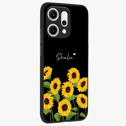 Sunflower Chic Mood Custom Name Glass Case upright view showcasing cheerful sunflower artwork with trendy floral theme.