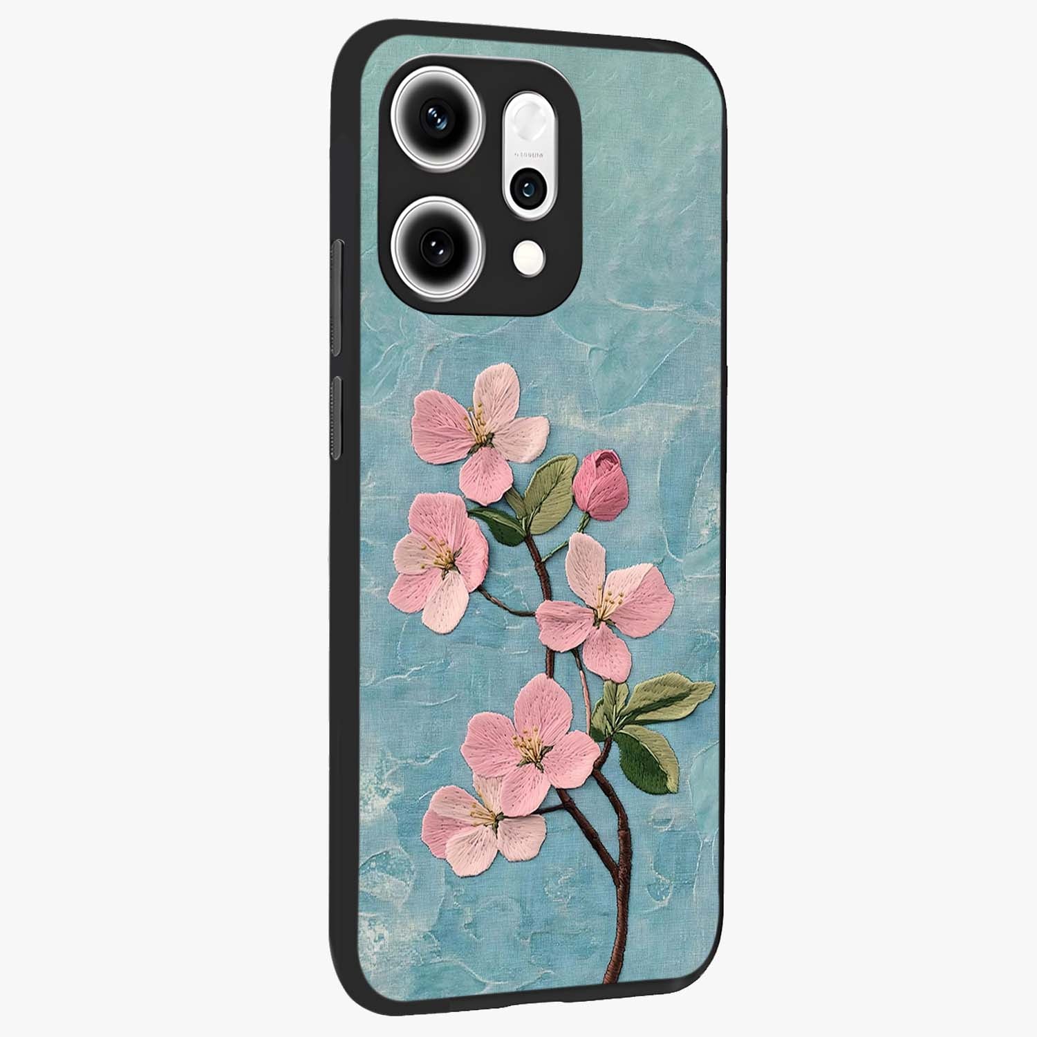 Threaded Blossom Breeze Glass Case upright view showcasing graceful flower artwork with calm botanical theme.