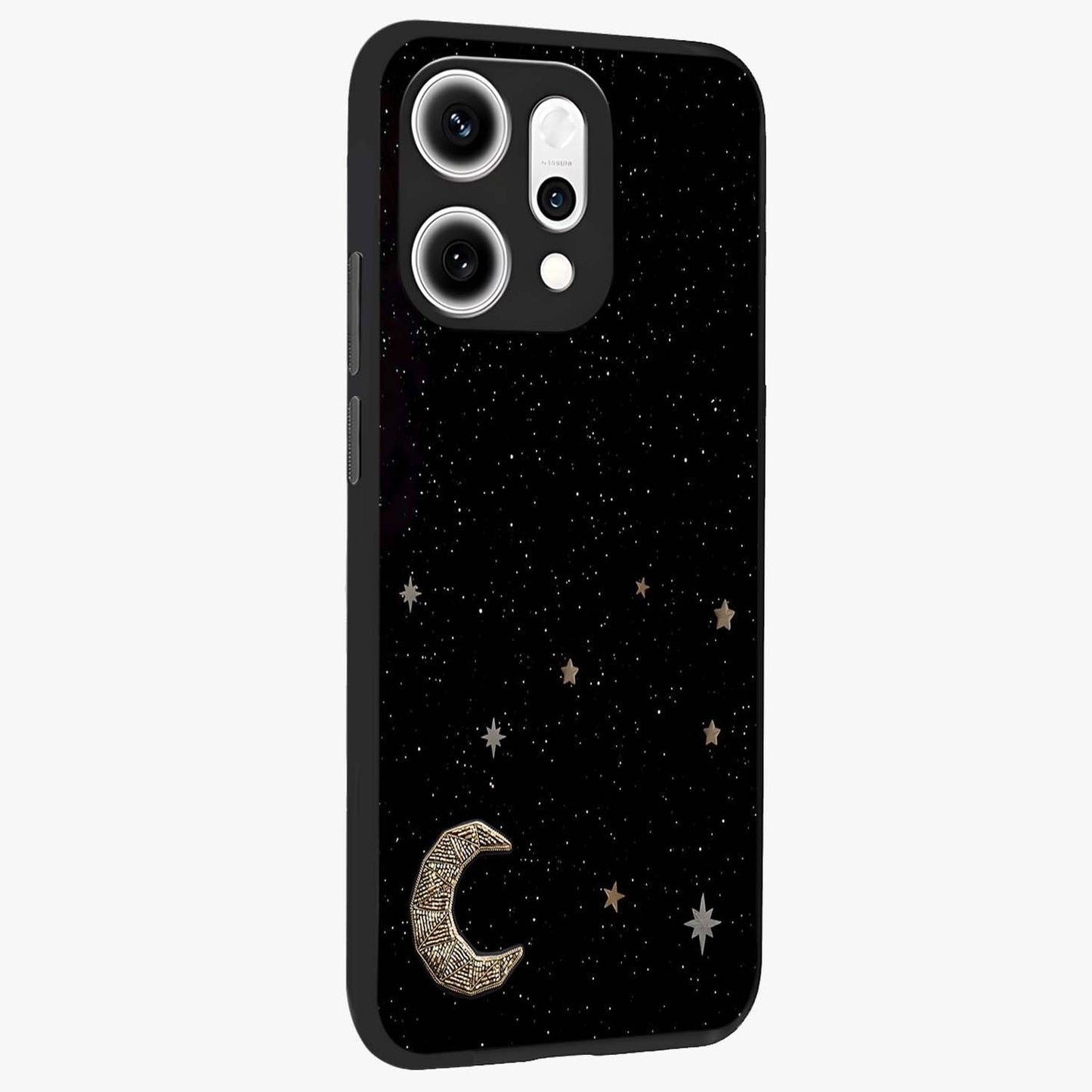 Twinkle Star With Half Moon Glass Case upright view showcasing glowing cosmic artwork with dreamy night theme.