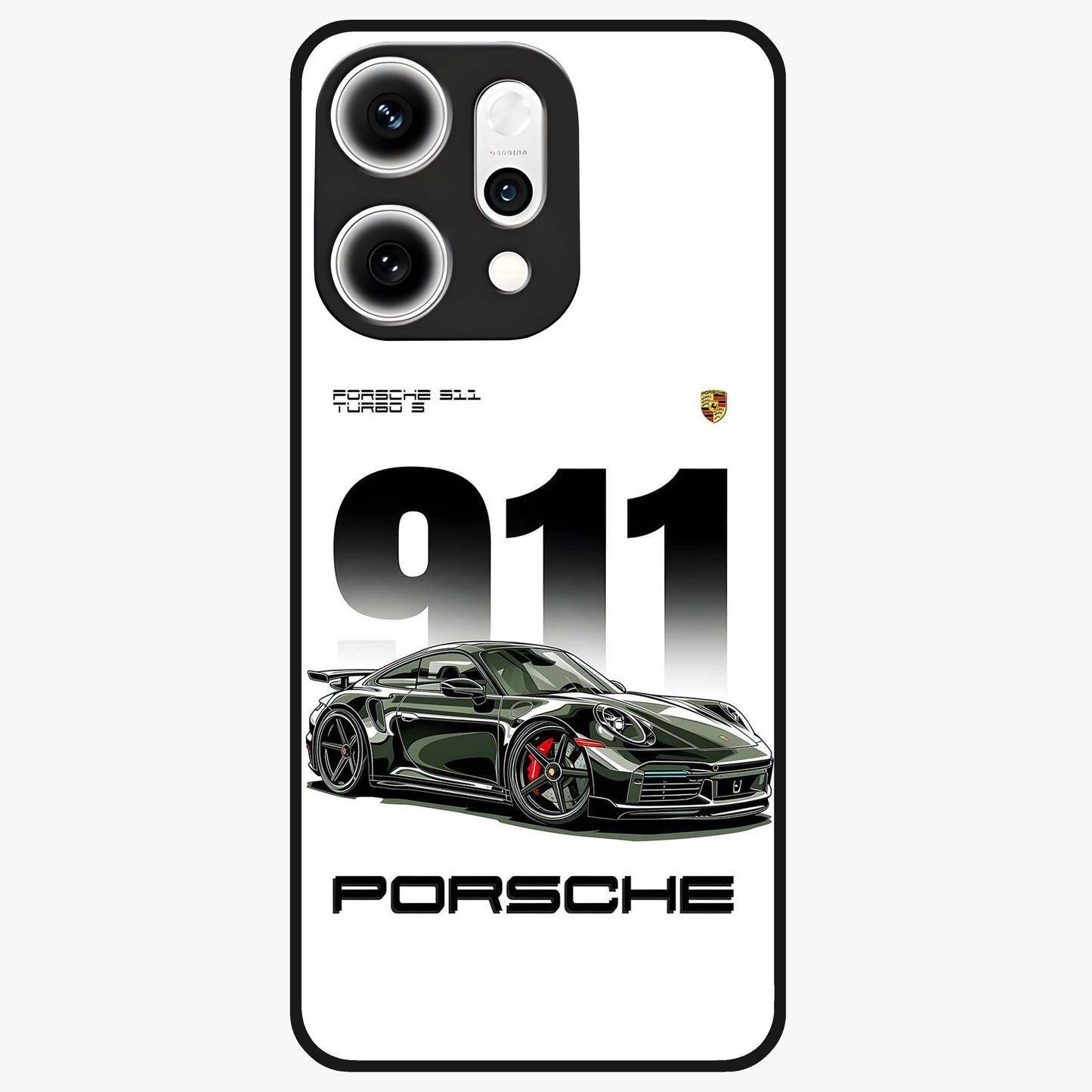 911 Turbo Dominance Glass Case showing clean flat back view with bold 911 sports car artwork and glossy glass finish.