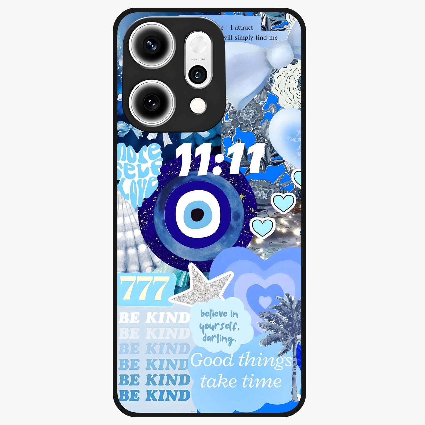 Aesthetic Be Kind Eye Glass Case showing flat back view with motivational eye artwork and glossy glass finish.